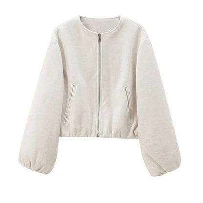 Women's Cropped Bomber Jacket with Long Sleeves and Zip Front