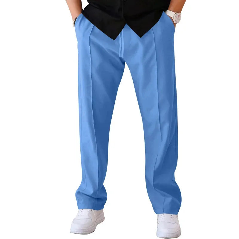 Men's Loose Fit Straight Trousers with Adjustable Drawstring Waist
