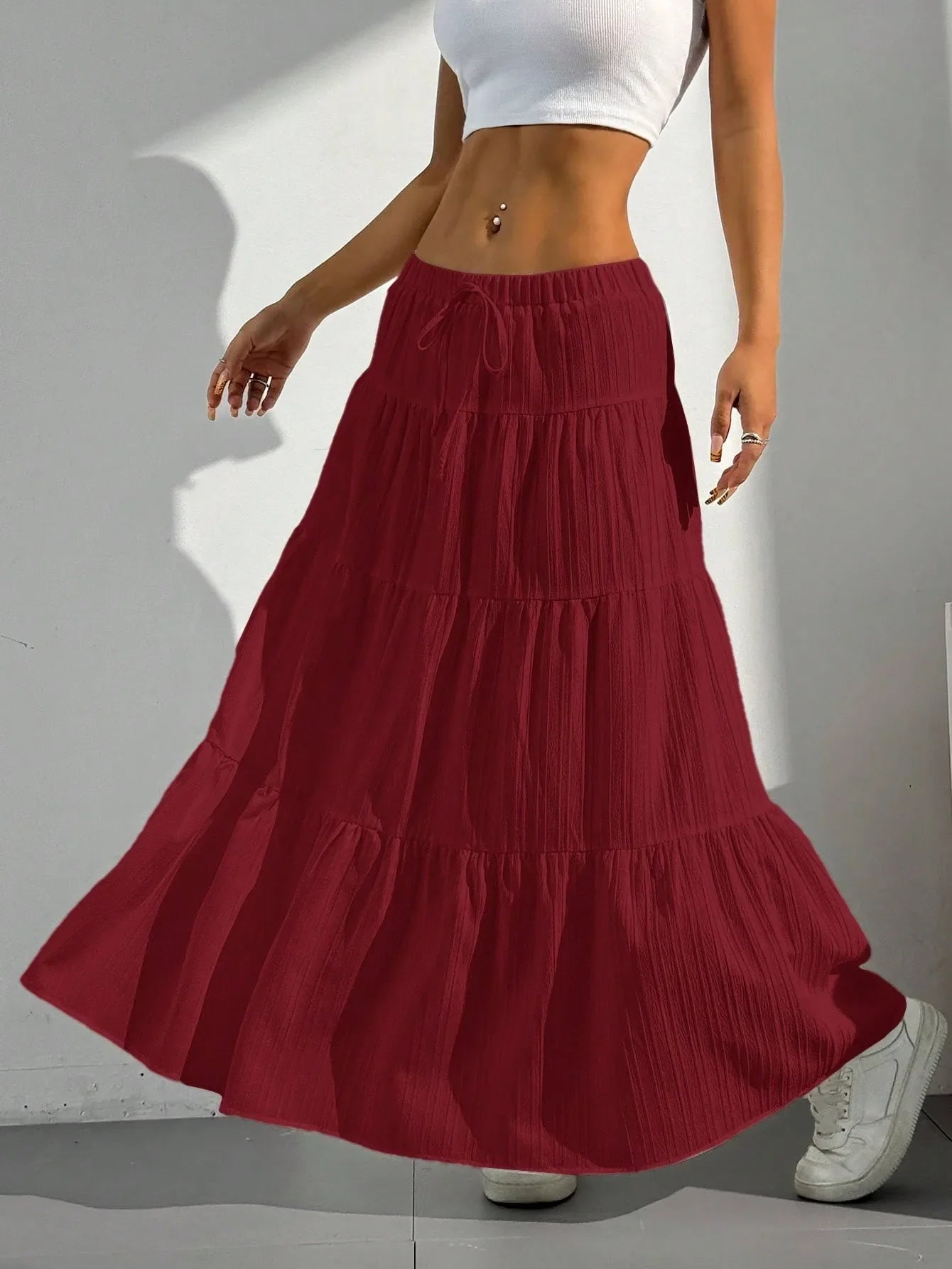 Women's Tiered Maxi Skirt with Drawstring Waist and Flowy Fit