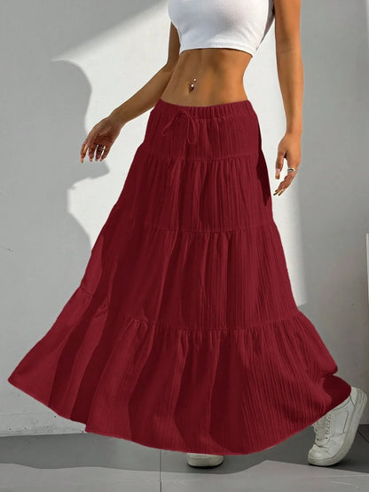 Women's Tiered Maxi Skirt with Drawstring Waist and Flowy Fit