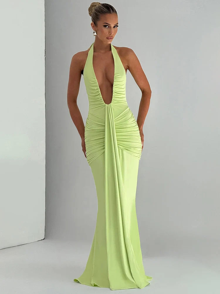 Women's Halter Maxi Dress with Deep V Neck and Draped Ruched Waist