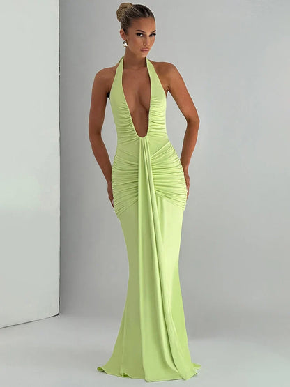 Women's Halter Maxi Dress with Deep V Neck and Draped Ruched Waist