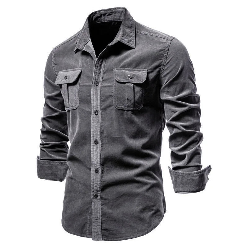 Men's Casual Long-Sleeve Corduroy Shirt with Button-Down Front Style
