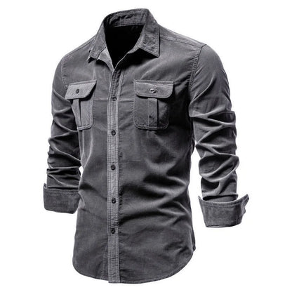 Men's Casual Long-Sleeve Corduroy Shirt with Button-Down Front Style