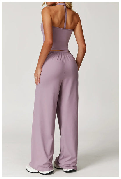 Women’s Two-Piece Lounge Set with Racerback Crop Top and Wide-Leg Pants