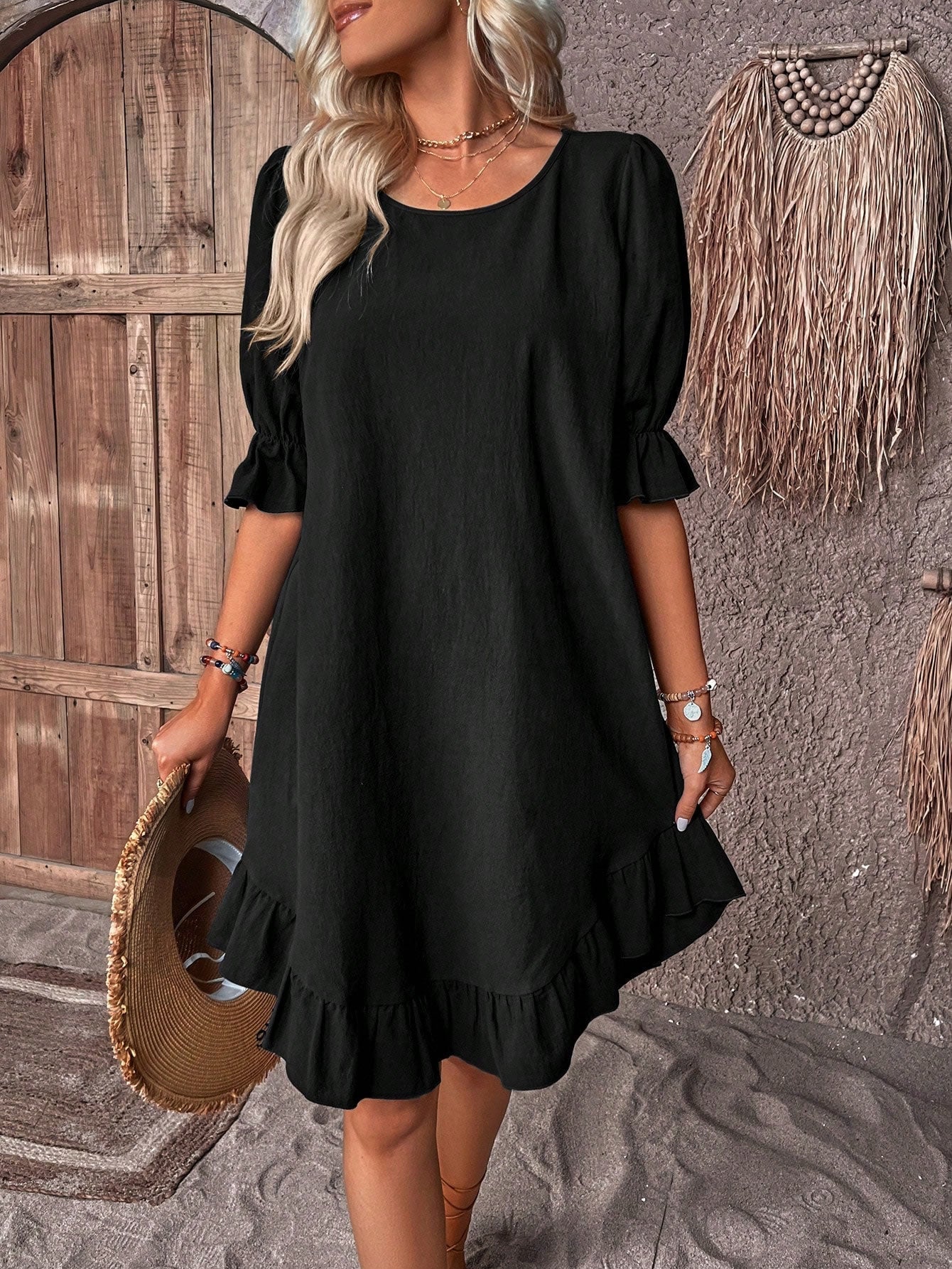 Women's Ruffled Summer Short-Sleeve A-Line Midi Dress