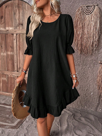 Women's Ruffled Summer Short-Sleeve A-Line Midi Dress