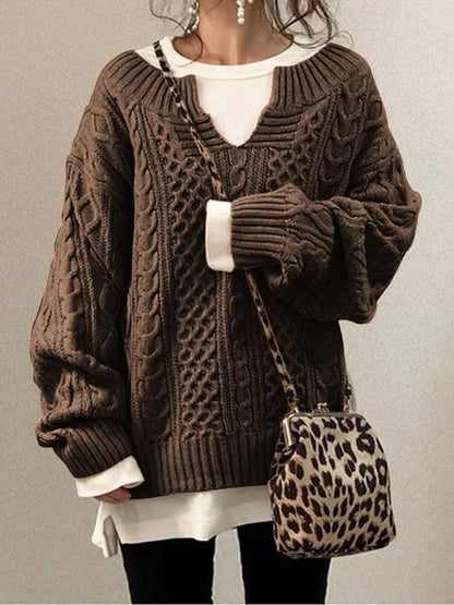 Women’s Cable Knit Jumper with Notch Round Neck and Chunky Texture
