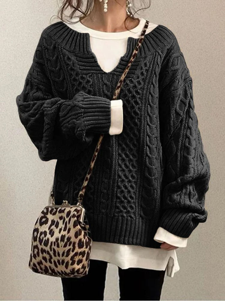 Women’s Cable Knit Jumper with Notch Round Neck and Chunky Texture