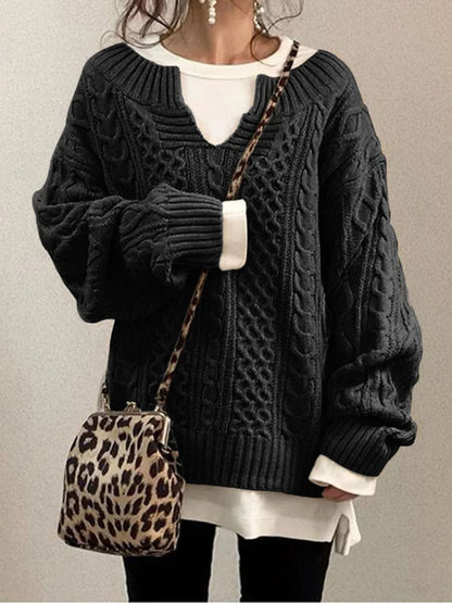 Women’s Cable Knit Jumper with Notch Round Neck and Chunky Texture