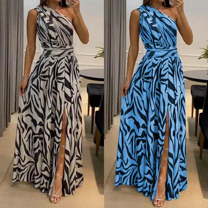 Women's One-Shoulder Zebra Print Maxi Dress with Waist Belt