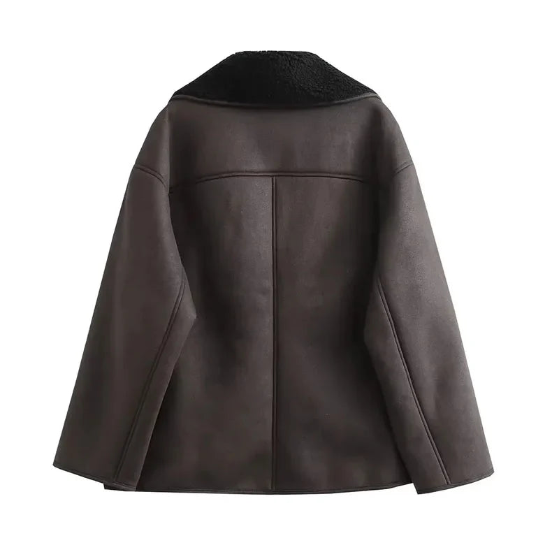 Women's Leather Winter Jacket with Plush Lining and Wide Collar