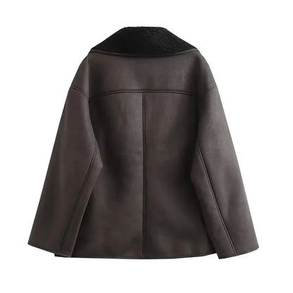 Women's Leather Winter Jacket with Plush Lining and Wide Collar
