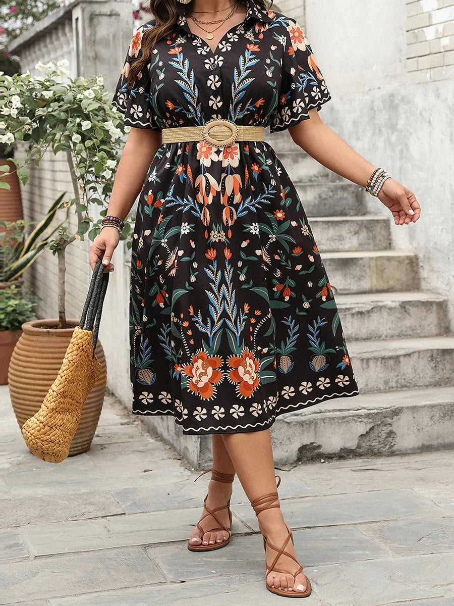 Women's Plus Size V-Neck Maxi Dress with Floral Boho Print Style