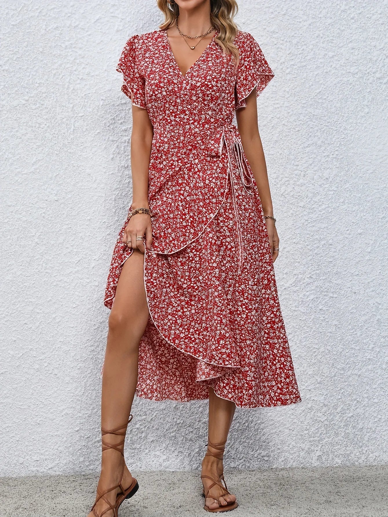 Women's V-Neck Floral Mini Wrap Dress with Short Sleeves and Tie Waist