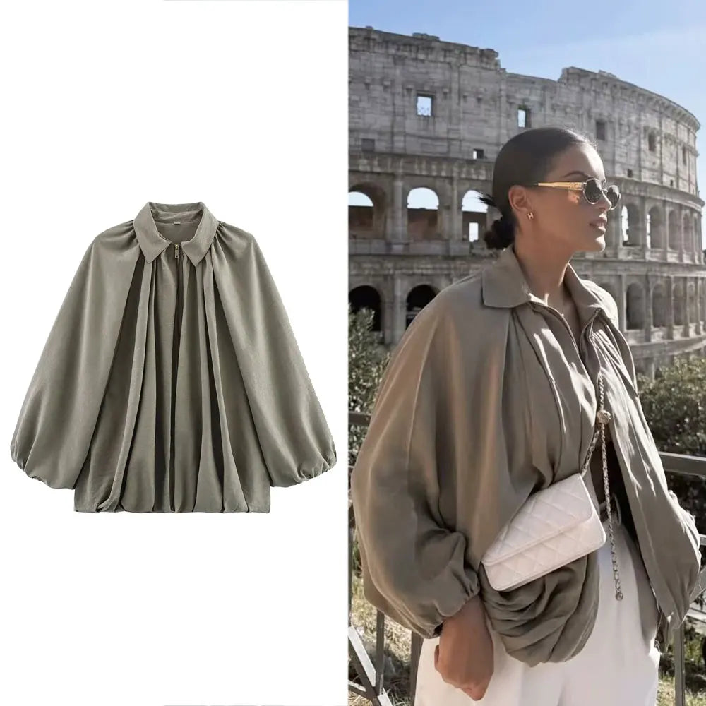 Women's Loose Fit Bomber Jacket with Long Puff Sleeves and Zip Front