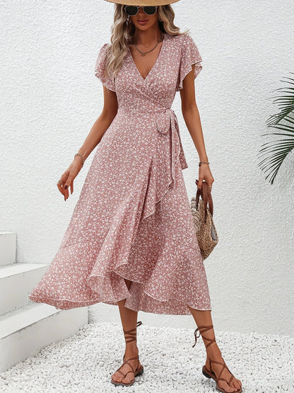 Women's V-Neck Floral Mini Wrap Dress with Short Sleeves and Tie Waist