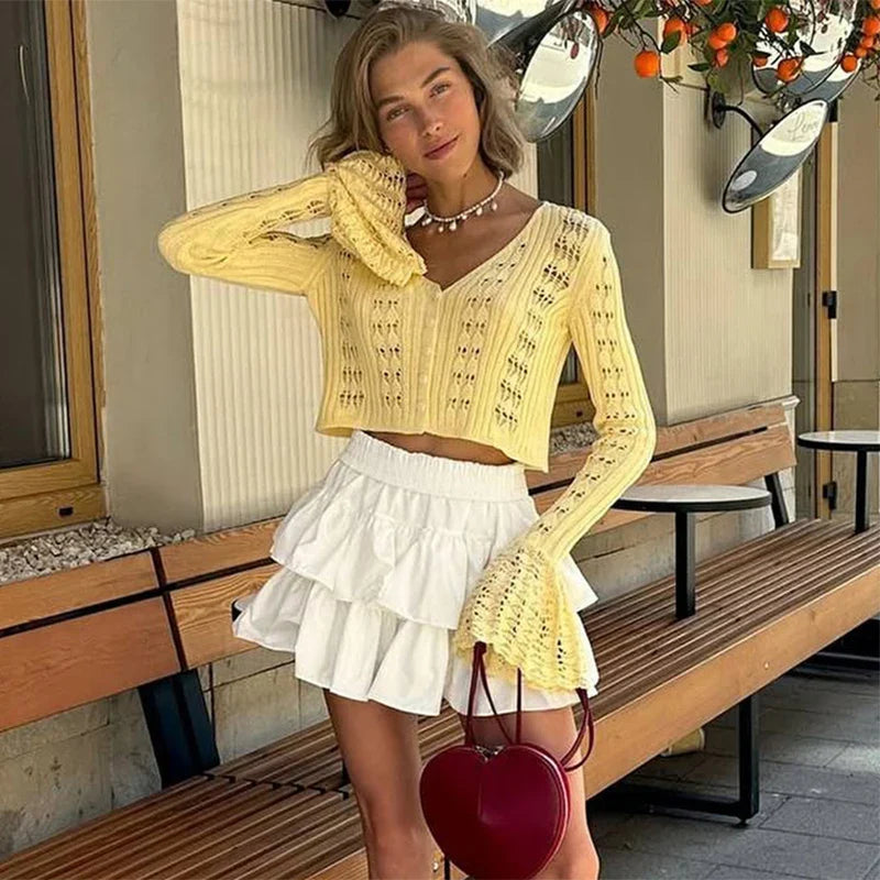 Women's Crochet Knit Long Sleeve Cardigan with V Neck and Button Front