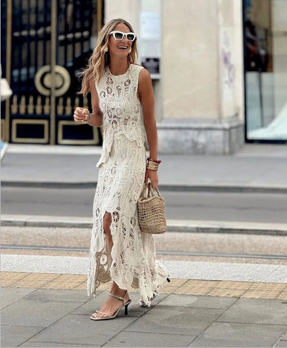 Women's Crochet Lace Two-Piece Set with Sleeveless Top and Midi Skirt