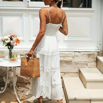 Women's Tiered Lace Maxi Dress with Spaghetti Straps and Bow Detail