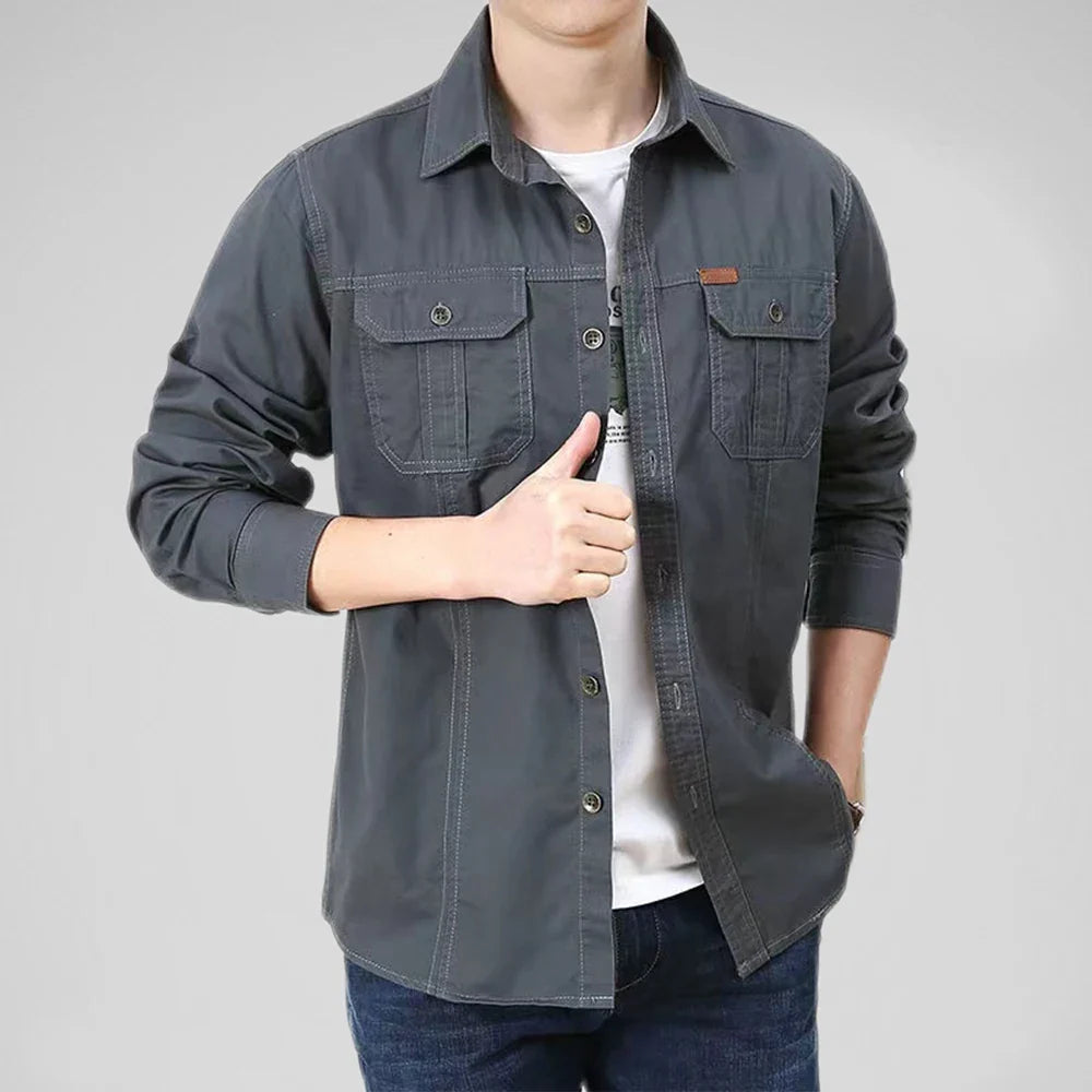 Men's Long-Sleeve Button-Front Shirt with Point Collar Design