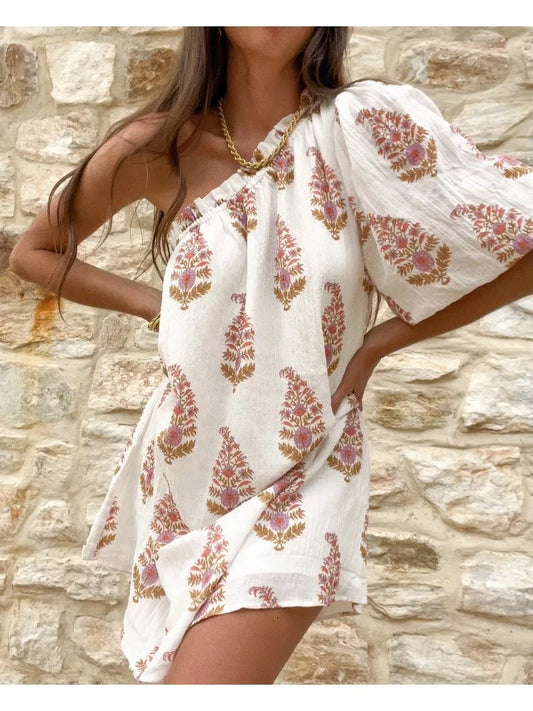 Women's One-Shoulder Printed Mini Dress with Puff Sleeve Design