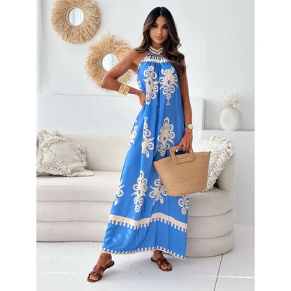Women's Printed Maxi Dress with Halter Neck and Spaghetti Straps