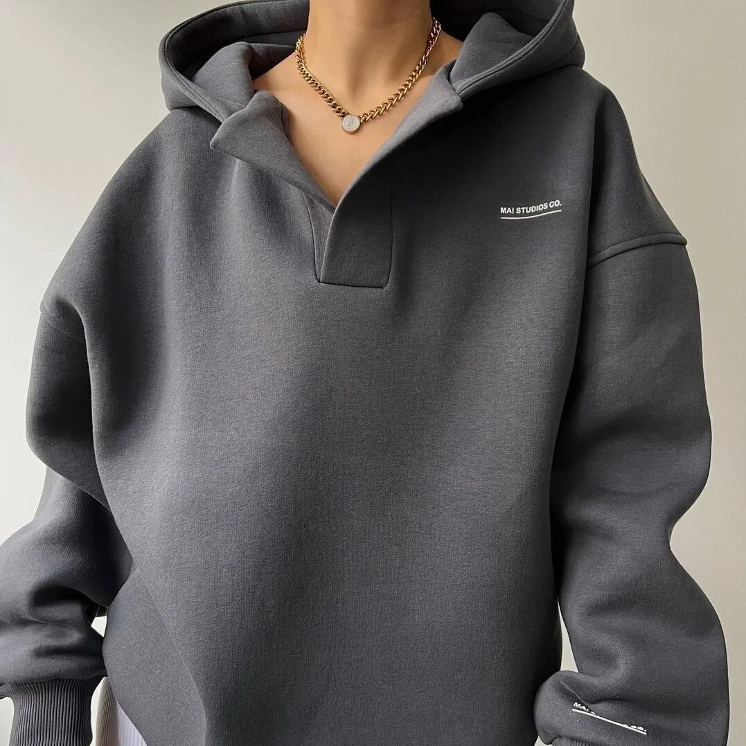 Women's Oversized Pullover Hoodie with Open V-Neck Collar Design