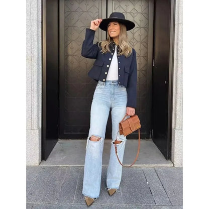 Women's Cropped Aviator Bomber Jacket with Button Front & Pockets