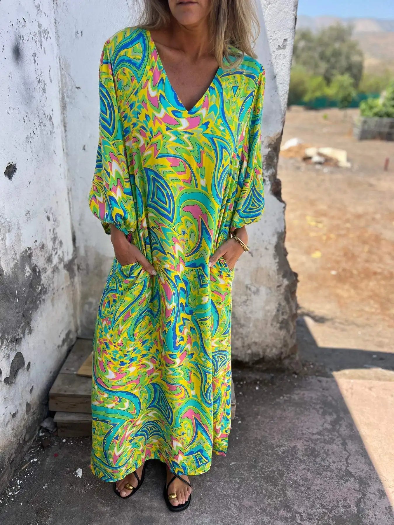 Women’s Printed Boho Maxi Dress with V-Neckline and Pockets