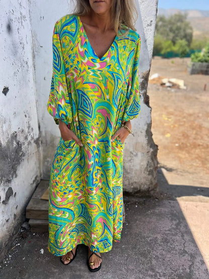 Women’s Printed Boho Maxi Dress with V-Neckline and Pockets