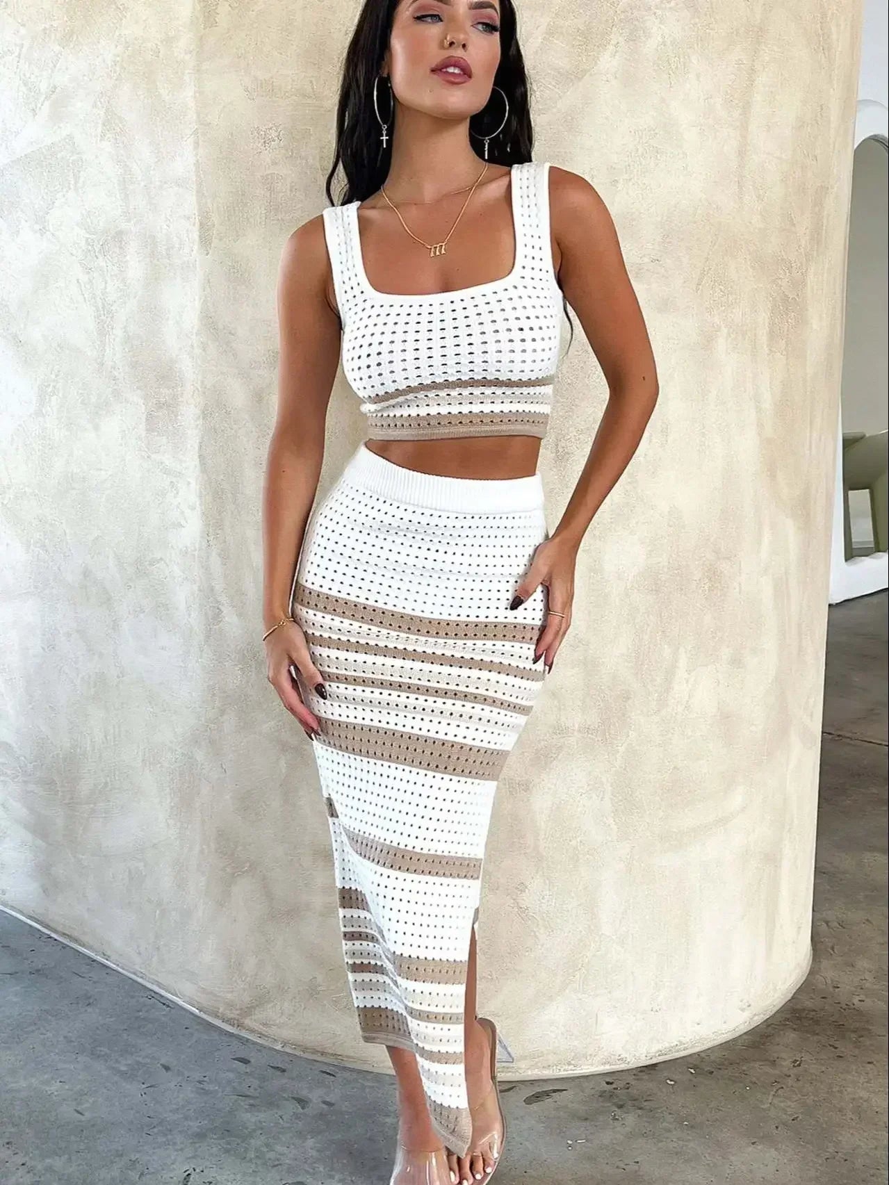 Women's Knitted Two-Piece Set with Sleeveless Crop Top and Skirt