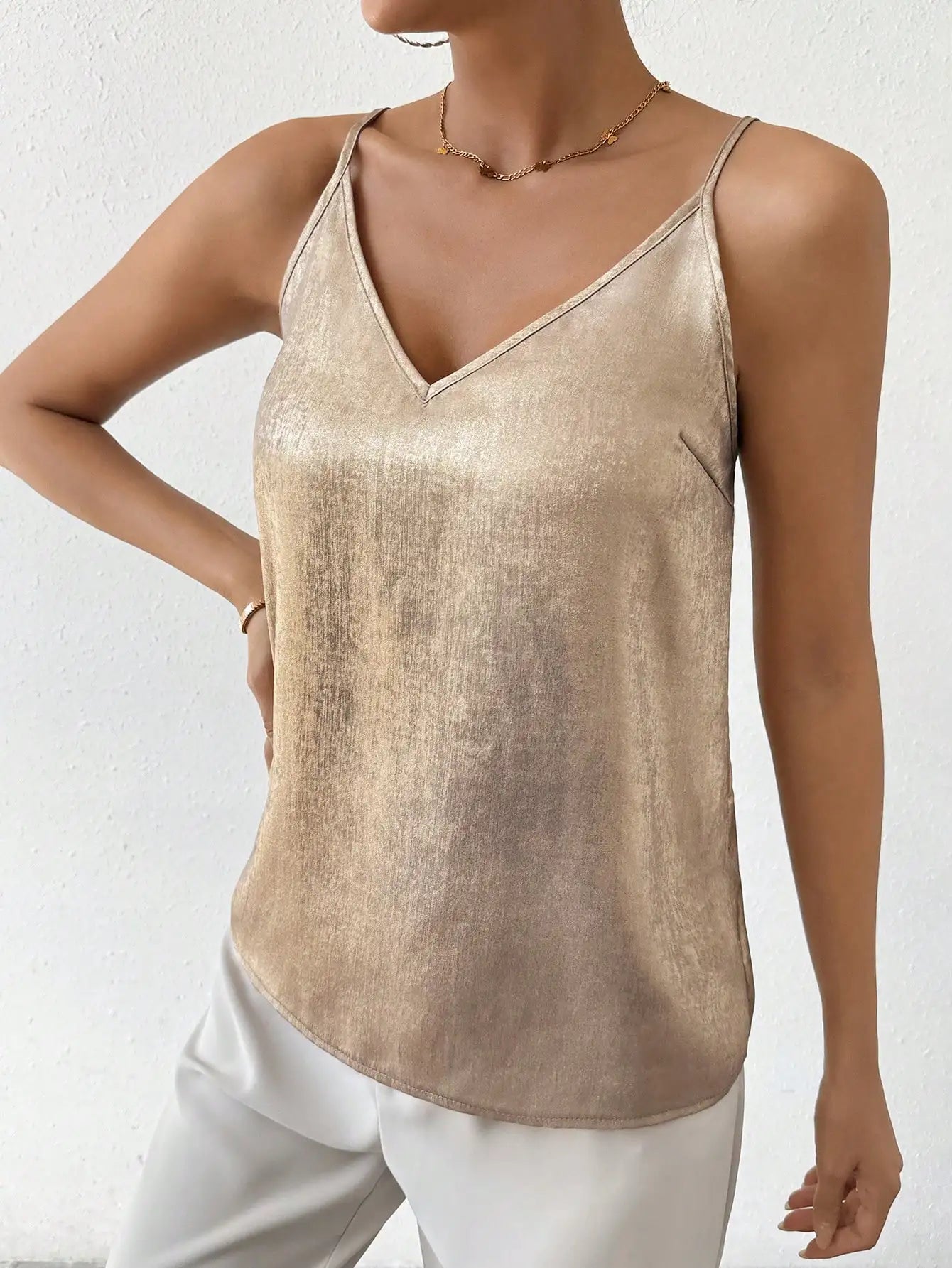 Women's Metallic V-Neck Cami Top with Spaghetti Straps