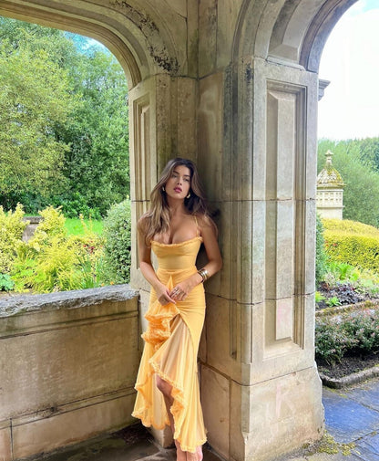 Women's Ruffle Maxi Dress with Spaghetti Straps and Ruched Waist