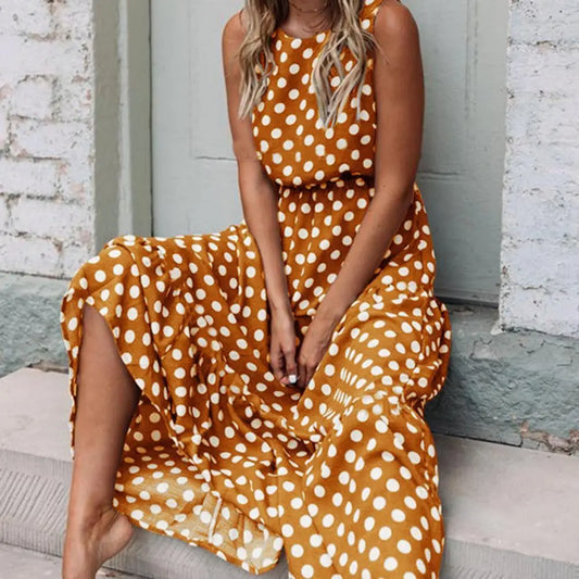 Women's Sleeveless Polka Dot Maxi Dress with Relaxed Fit