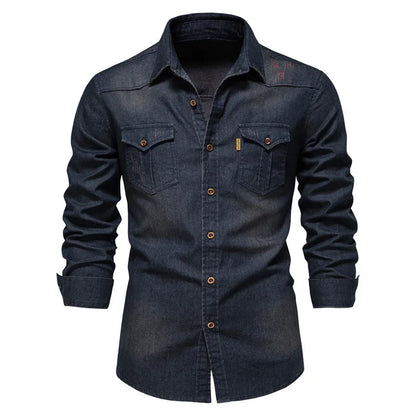 Men's Long-Sleeve Button-Front Shirt with Classic Chest Pocket