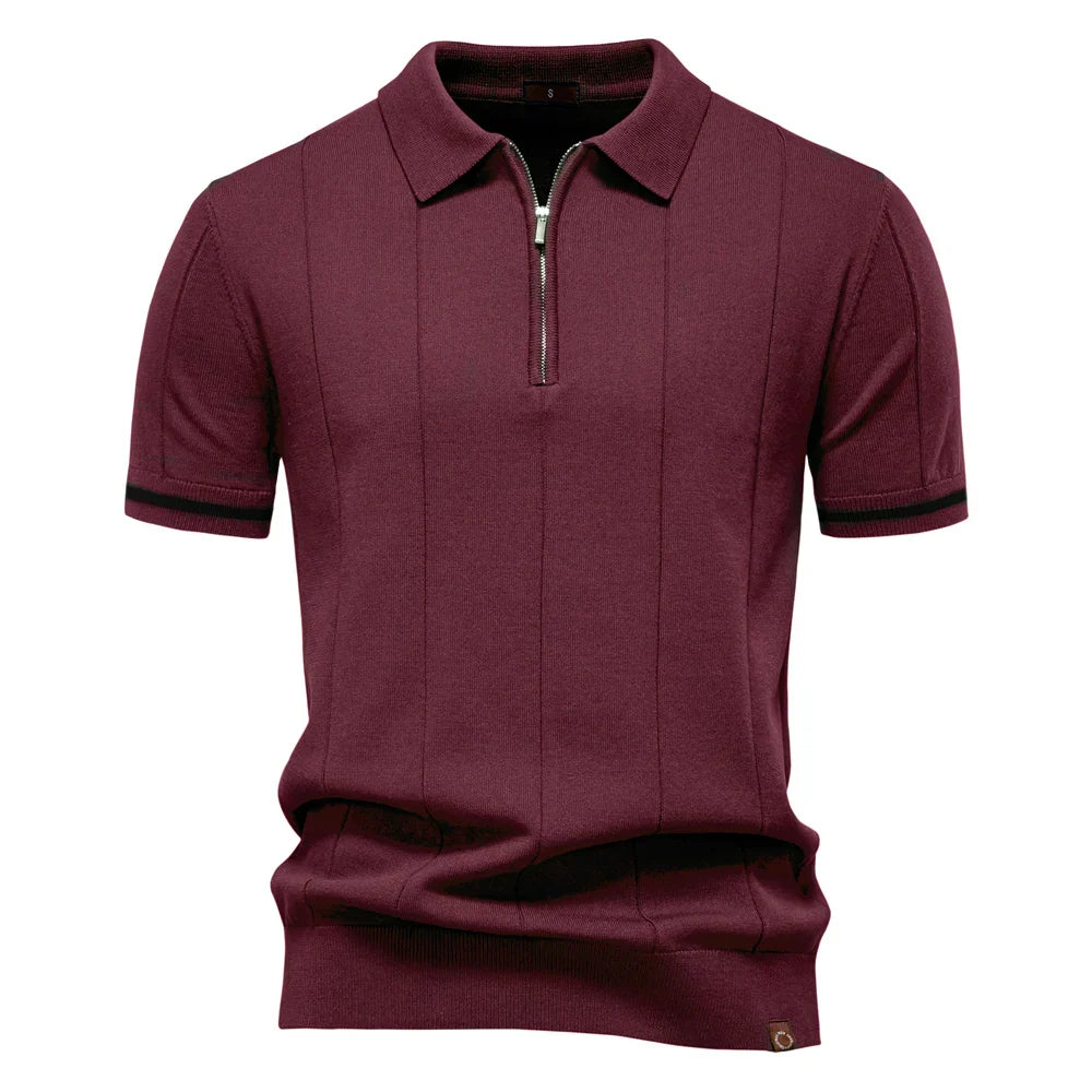 Men's Short-Sleeve Zip Polo Shirt with Contrast Trim and Slim Fit