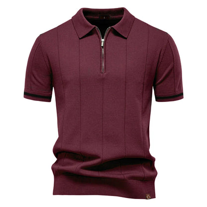 Men's Short-Sleeve Zip Polo Shirt with Contrast Trim and Slim Fit