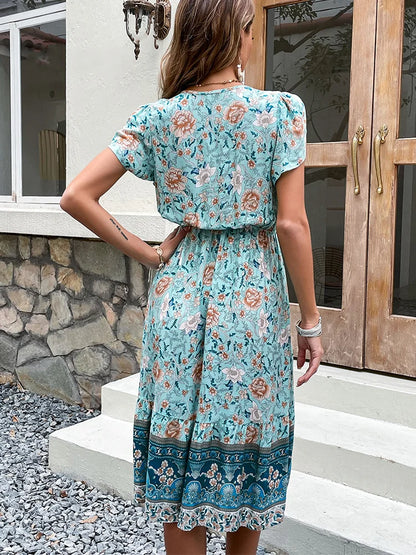 Women's Boho Midi Dress with Floral Print and Button Front Design