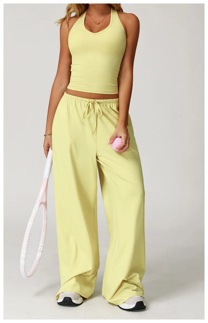 Women’s Two-Piece Lounge Set with Racerback Crop Top and Wide-Leg Pants