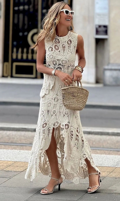 Women's Crochet Lace Two-Piece Set with Sleeveless Top and Midi Skirt