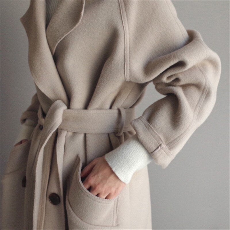 Women's Belted Longline Coat with Oversized Lapels and Pockets