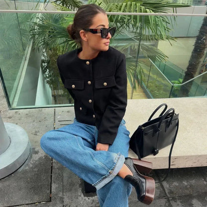 Women's Cropped Bomber Jacket with Round Neck and Long Sleeves