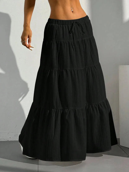Women's Tiered Maxi Skirt with Drawstring Waist and Flowy Fit