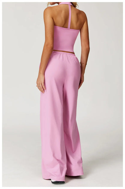 Women’s Two-Piece Lounge Set with Racerback Crop Top and Wide-Leg Pants