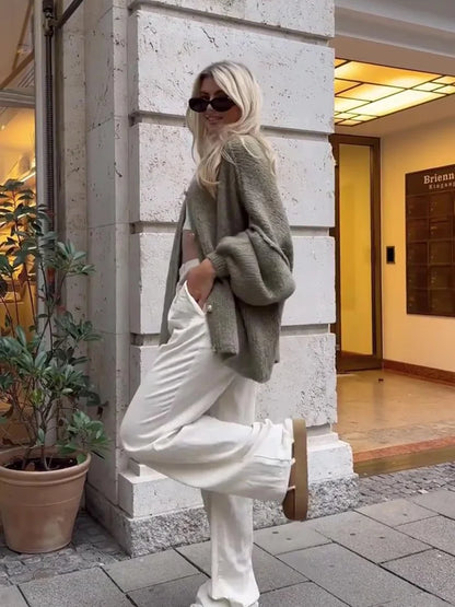 Women's Bat Sleeve Cardigan with Lapel and Metal Button Detail