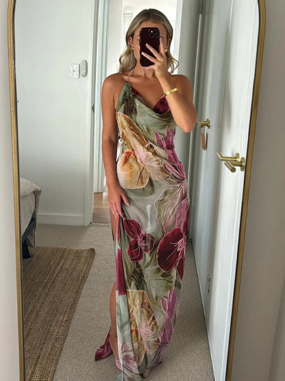 Women's Floral Maxi Dress with Halter Neck and Relaxed Fit