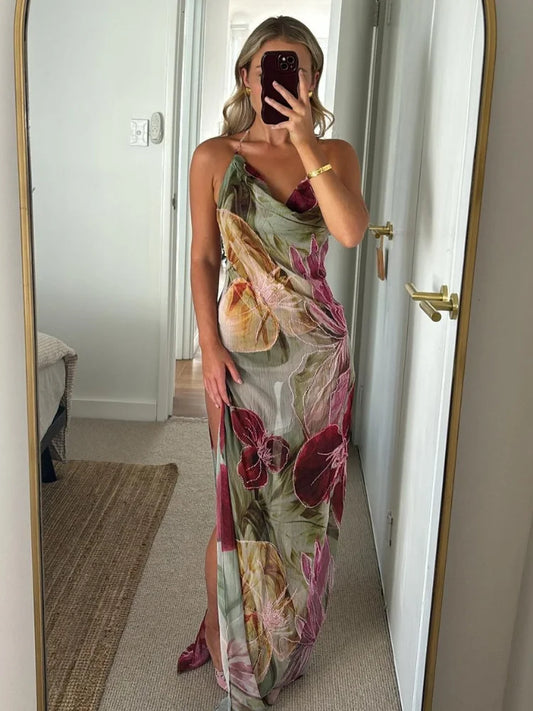 Women's Floral Maxi Dress with Halter Neck and Relaxed Fit