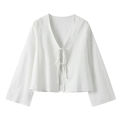 Women's Lace-Up V Neck Long Sleeve Top with Loose Fit and Tie Front