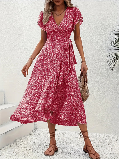 Women's V-Neck Floral Mini Wrap Dress with Short Sleeves and Tie Waist